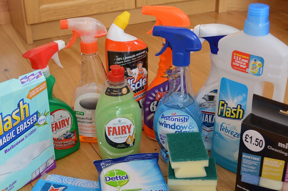 Esential cleaning products in my cupboard